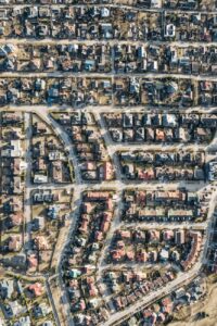 aerial view of houses in a residential area
