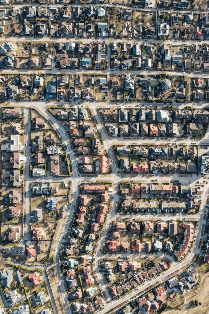 aerial view of houses in a residential area